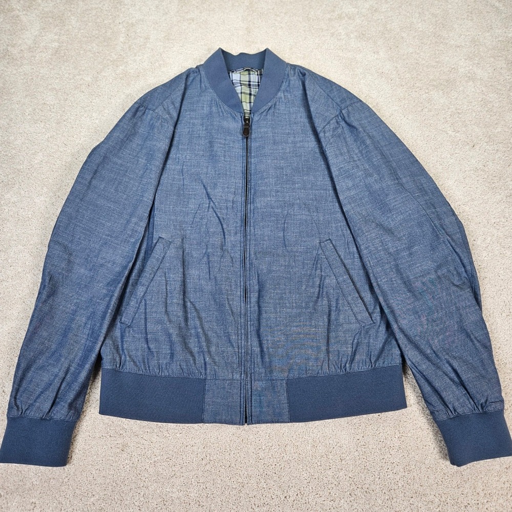 UNIQLO‎ Men's Blue Chambray Bomber Jacket Plaid Lined Size L Minimalist Normcore